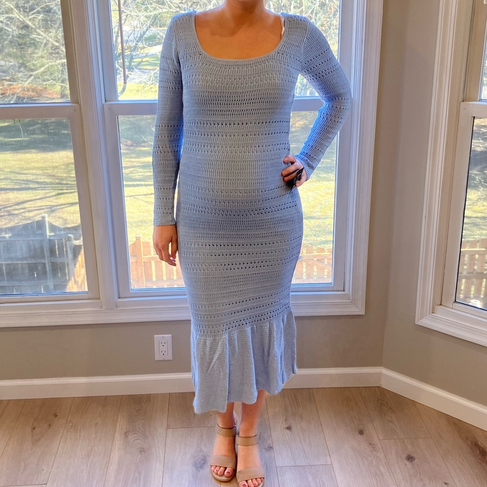 Lulus Sunset Moments Light Blue Crochet Long Sleeve Trumpet Midi Dress - Size S - Picture 3 of 3
